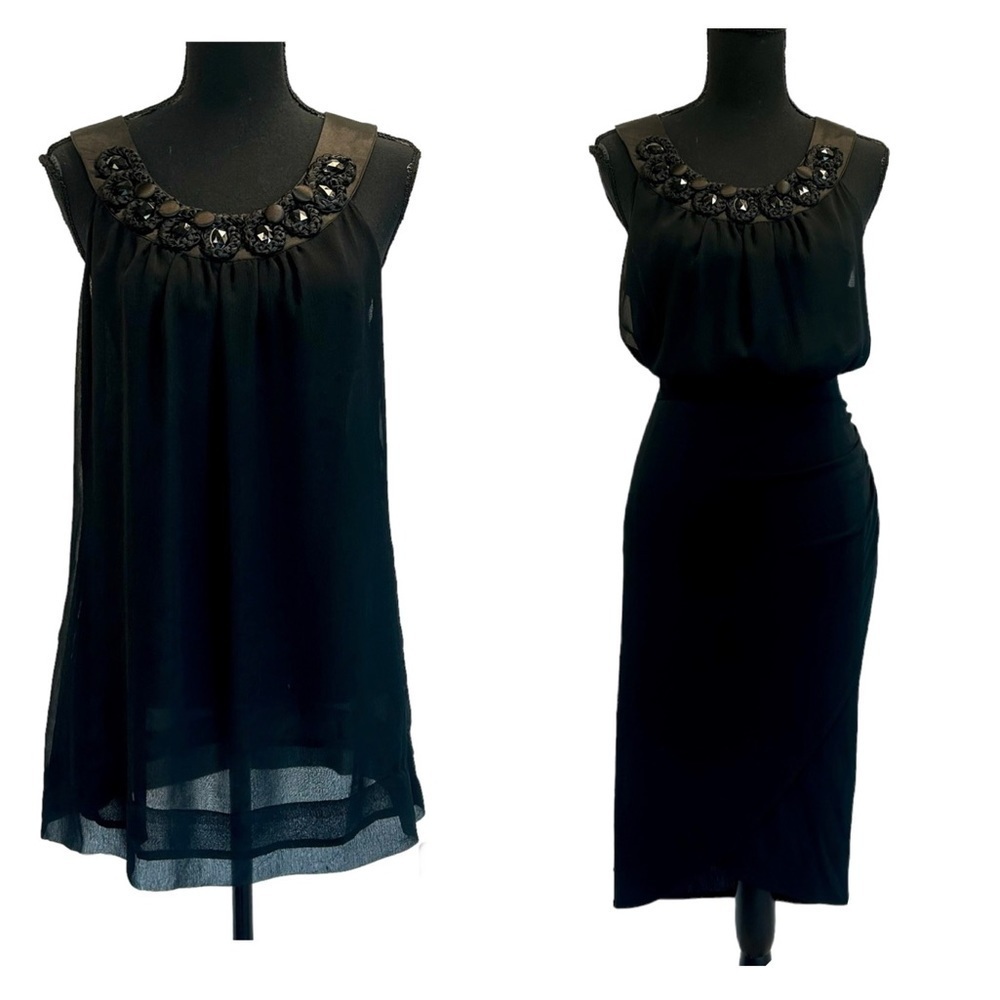 FRED David Black flowy chiffon braided beaded blouse Sz M